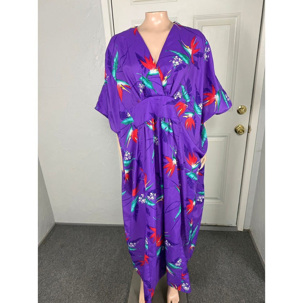 Vintage 70s Hawaiian Flavor Dress Polyester Caftan Kaftan Bird paradise C4-8